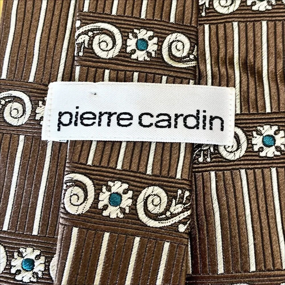 Pierre Cardin Silk Tie Brown Beige Green‎ Scroll Stripe Geometric Print Necktie